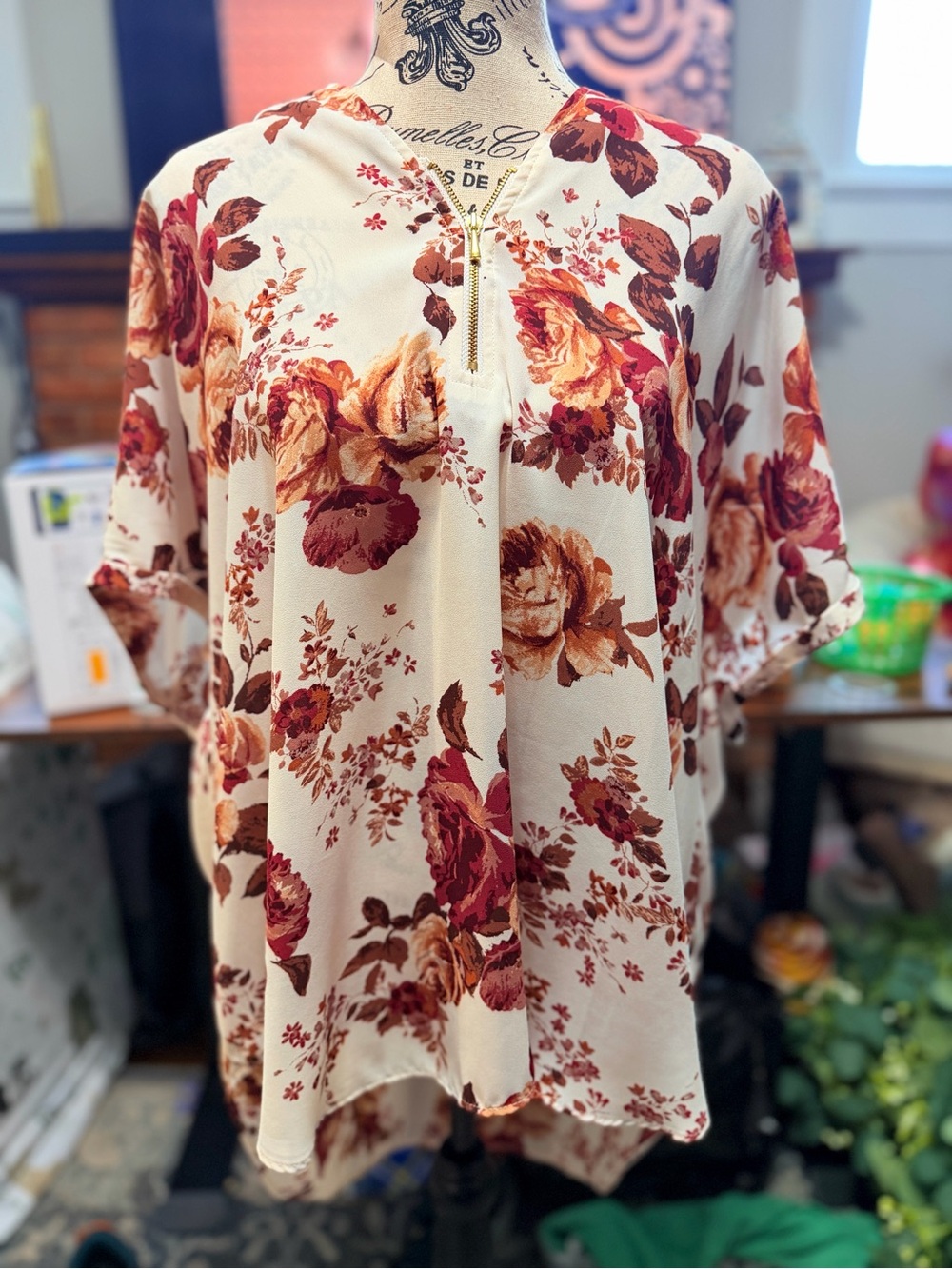 Floral Zip-Front Women's Blouse in Cream and Rose